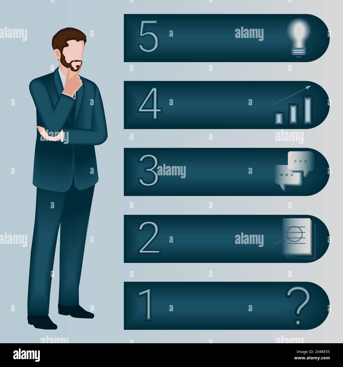 Un uomo utilizza 5 fasi per identificare un problema o un'opportunità nel processo decisionale. Concetto di business. Illustrazione vettoriale 2D. Illustrazione Vettoriale