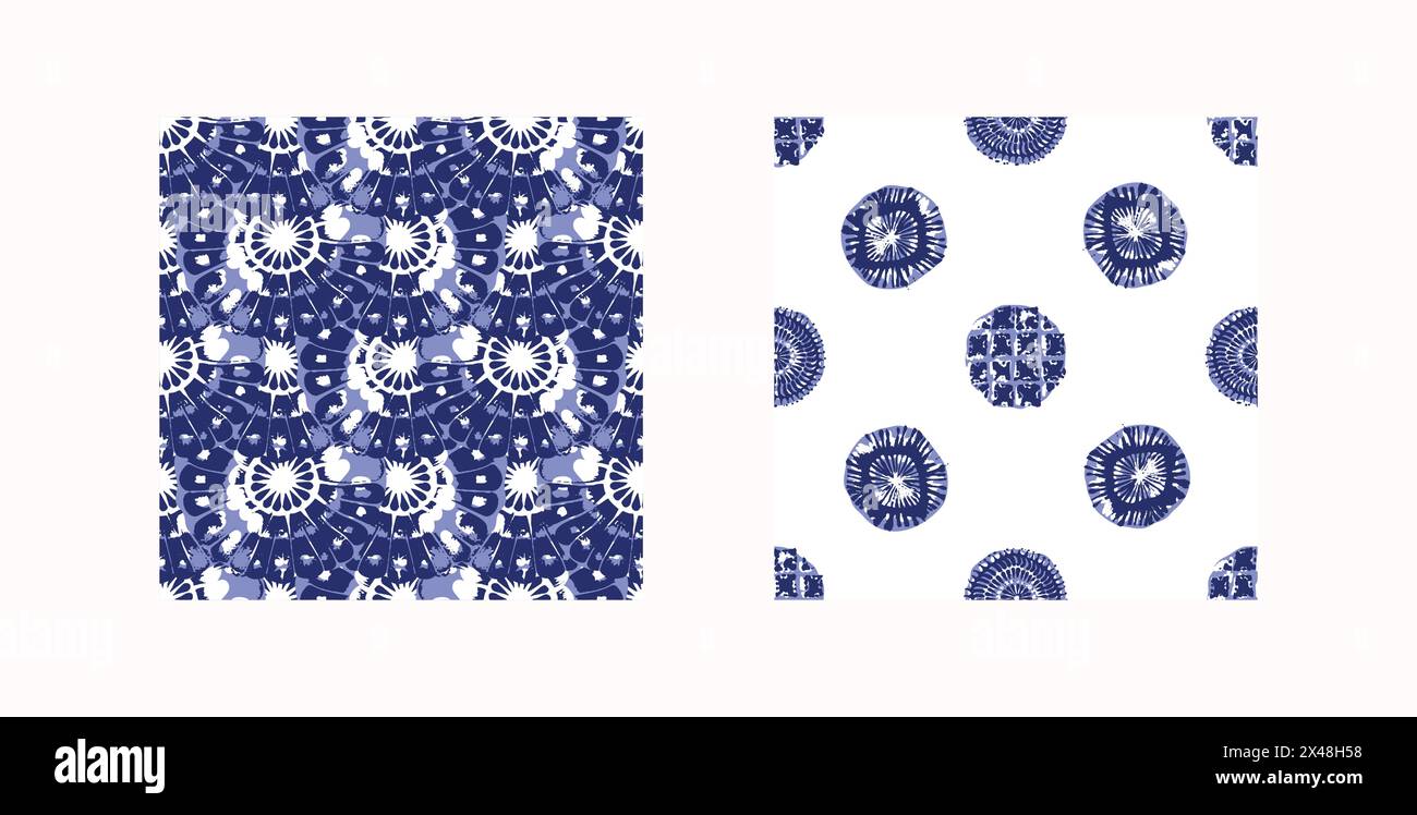 Set di pattern di effetti di stampa blocco giapponese blu indaco. Design vettoriale senza cuciture realizzato a mano per lo sfondo in tessuto batik e la collezione di moda ripetuta sbiadita Illustrazione Vettoriale