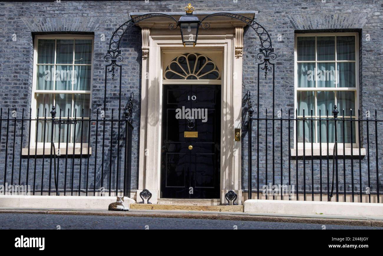 Londra, Regno Unito. 1 maggio 2024. Larry il gatto fuori dalla porta del numero 10 il primo ministro, Rishi Sunak, lascia il numero 10 per andare in Parlamento per le domande dei primi ministri. Affronterà Sir Keir Starmer dall'altra parte della scatola di spedizione. Crediti: Mark Thomas/Alamy Live News Foto Stock