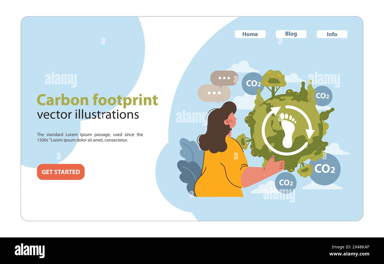 Donna che presenta il concetto di impronta di carbonio circondato da simboli di CO2 e natura verde. Enfatizzare la responsabilità ambientale. Illustrazione vettoriale piatta. Illustrazione Vettoriale