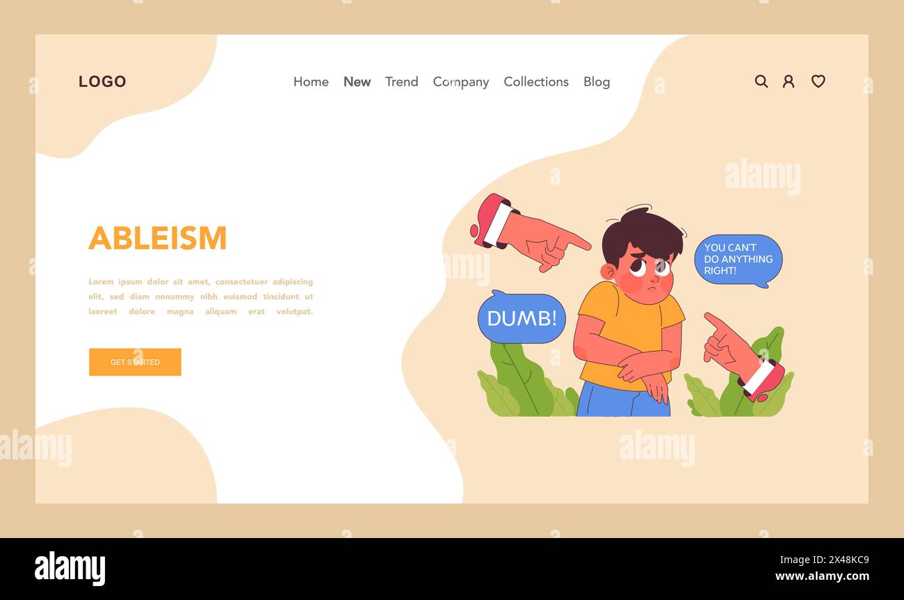 Concetto di ableismo. Ragazzo autistico che si vergogna e chiama nomi. Realtà di discriminazione e importanza di una comunicazione rispettosa. Incoraggiare un cambiamento sociale positivo. Illustrazione vettoriale piatta Illustrazione Vettoriale