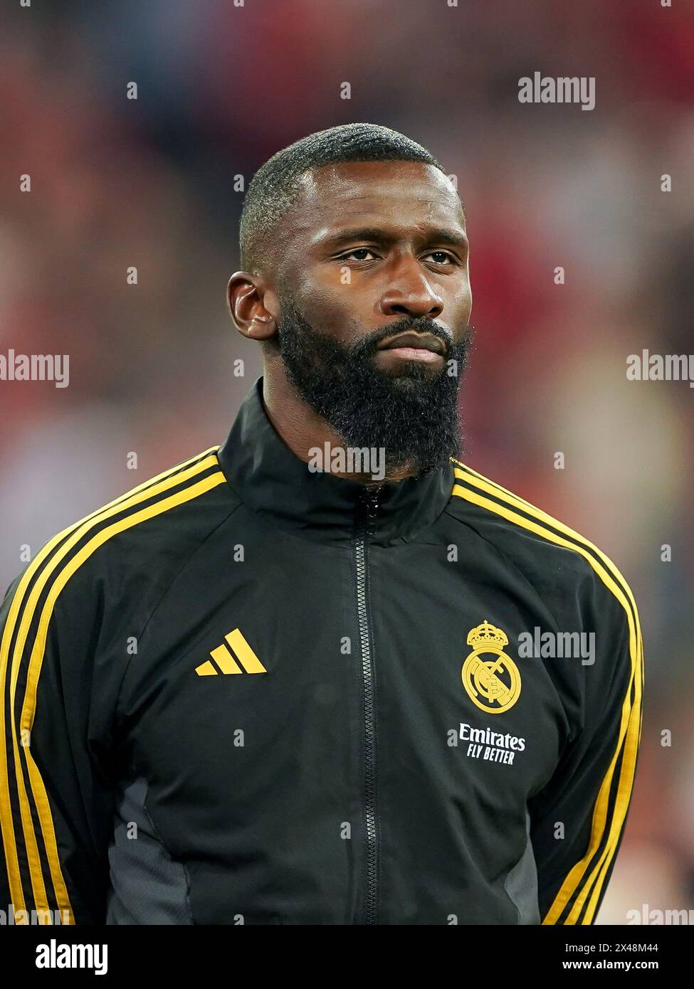 Monaco, Germania. 30 aprile 2024. Monaco di Baviera, Germania, 30 aprile 2024: Ritratto di Antonio Rüdiger (22 Real Madrid) durante l'inno UCL prima della semifinale di UEFA Champions League tra FC Bayern Monaco e Real Madrid all'Allianz Arena di Monaco, Germania. (Daniela Porcelli/SPP) credito: SPP Sport Press Photo. /Alamy Live News Foto Stock