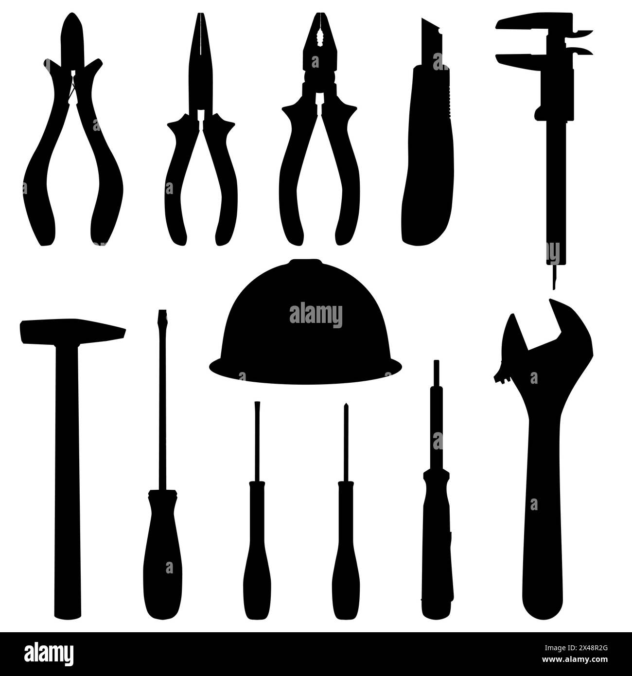 Attrezzature manuali, illustrazione con isolamento vettoriale. Tagliafili, pinze, chiave regolabile, cacciaviti, coltello da taglio, calibro a corsoio, martello e casco Illustrazione Vettoriale