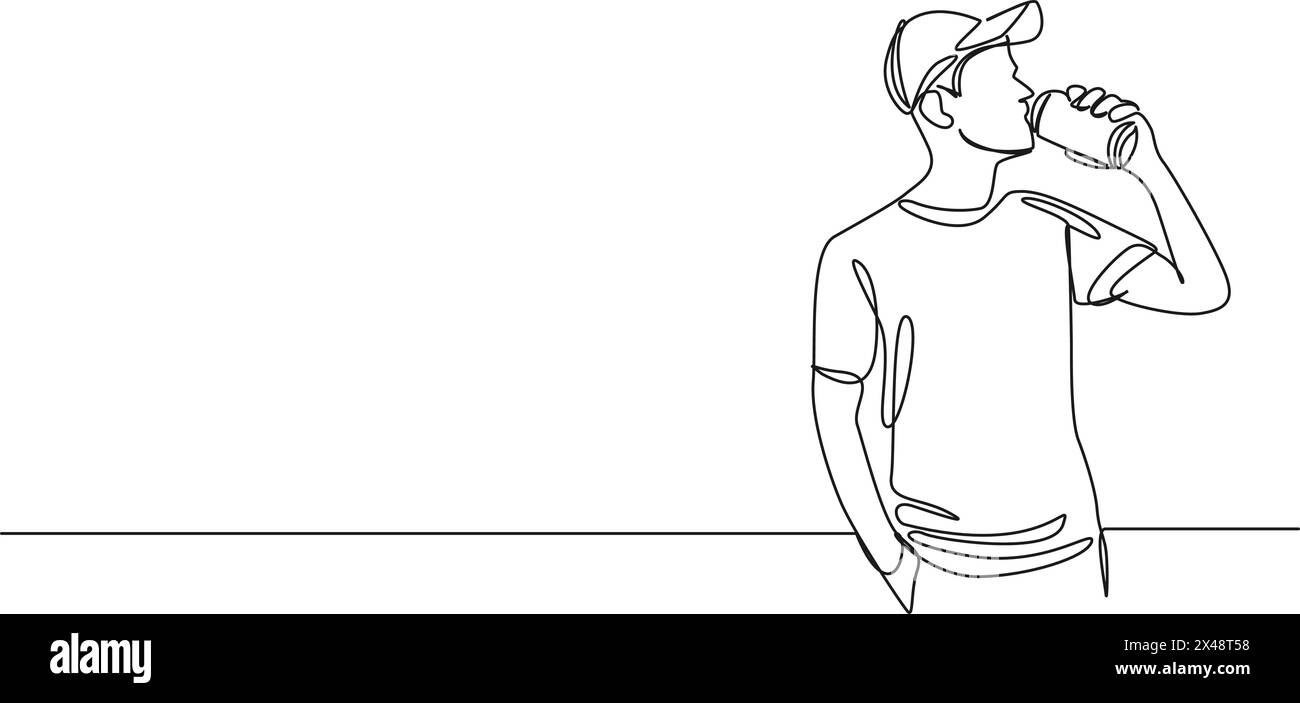 disegno continuo a linea singola di uomo che beve da lattine di bibite gassate, illustrazione vettoriale di line art Illustrazione Vettoriale