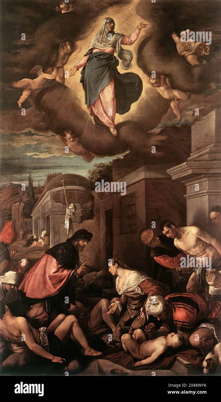 BASSANO, Jacopo (nato ca. 1515, Bassano, d. 1592, Bassano) St Roche tra le vittime della peste e la Madonna in gloria c. 1575 olio su tela, 350 x 210 cm Pinacoteca di Brera, Milano il dipinto è firmato in latino in basso a destra: 'IAC.S po(N)te/BASS.is/PINGEBAT.' In precedenza era sull'altare maggiore della chiesa di S. Rocco a Venezia. Questo lavoro mostra un tentativo di introdurre una scena dalla vita in una pala d'altare, utilizzando dispositivi scenici derivati dal manierismo ma ottenendo risultati molto diversi. C'è un'evidente parentela con Tintoretto, ma Bassano ha mantenuto il suo stile nella i Foto Stock