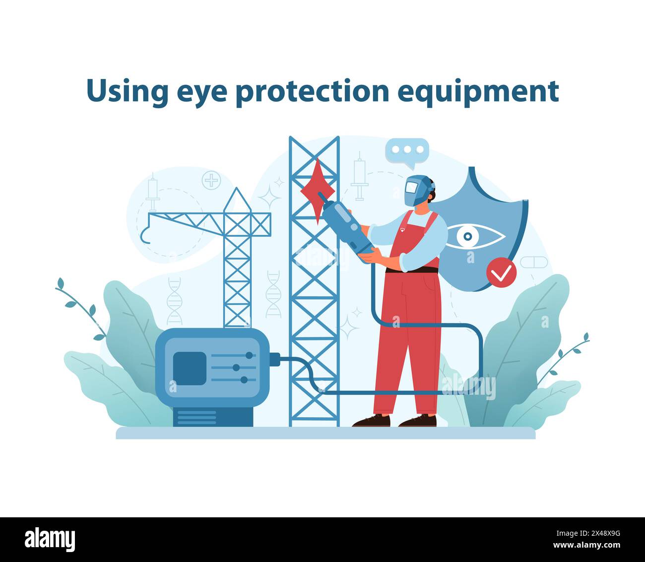 Illustrazione sulla sicurezza degli occhi sul luogo di lavoro. Un lavoratore con indumenti protettivi utilizza attrezzature in cantiere, sottolineando l'importanza della sicurezza degli occhi. Illustrazione vettoriale piatta. Illustrazione Vettoriale