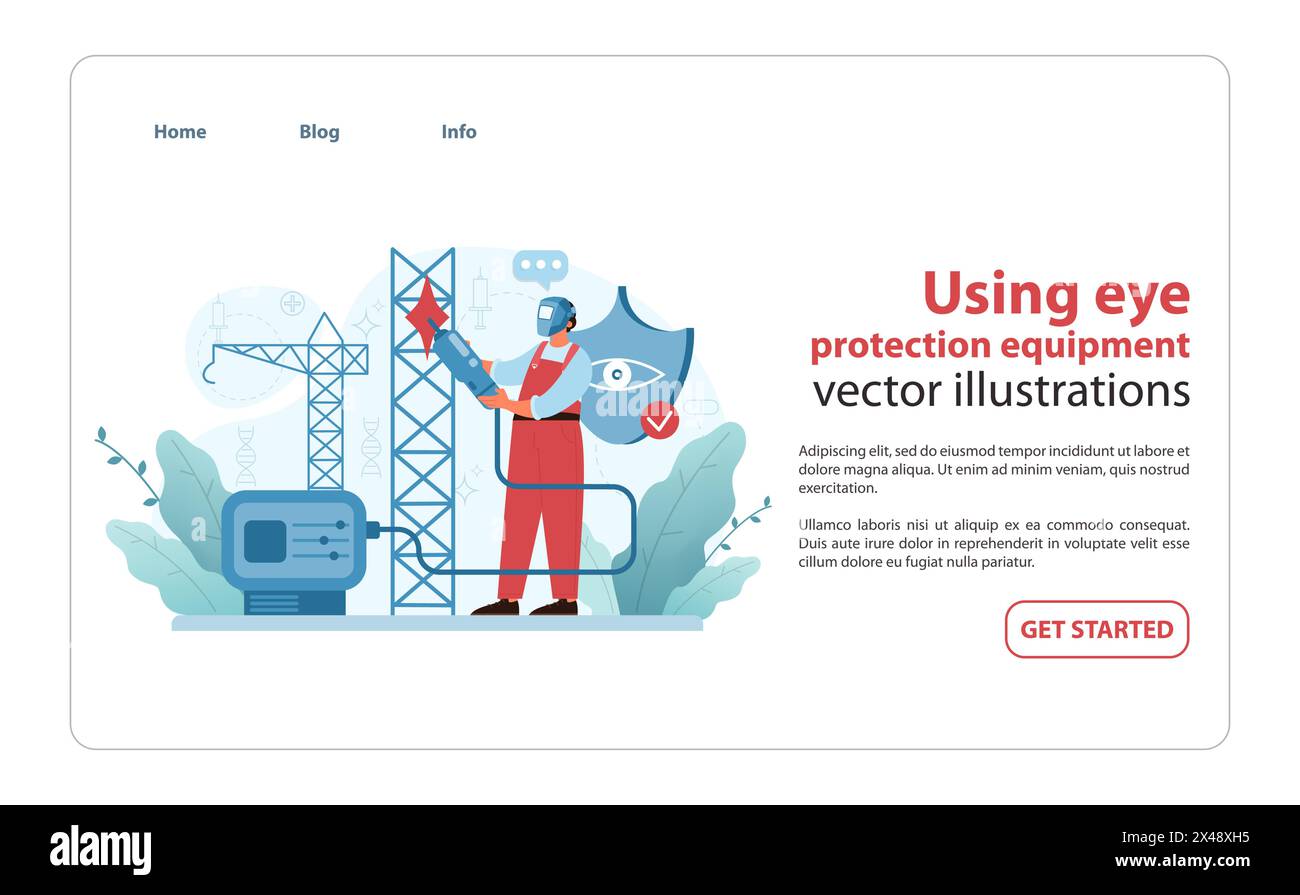 Illustrazione sulla sicurezza degli occhi sul luogo di lavoro. Un lavoratore con indumenti protettivi utilizza attrezzature in cantiere, sottolineando l'importanza della sicurezza degli occhi. Illustrazione vettoriale piatta. Illustrazione Vettoriale