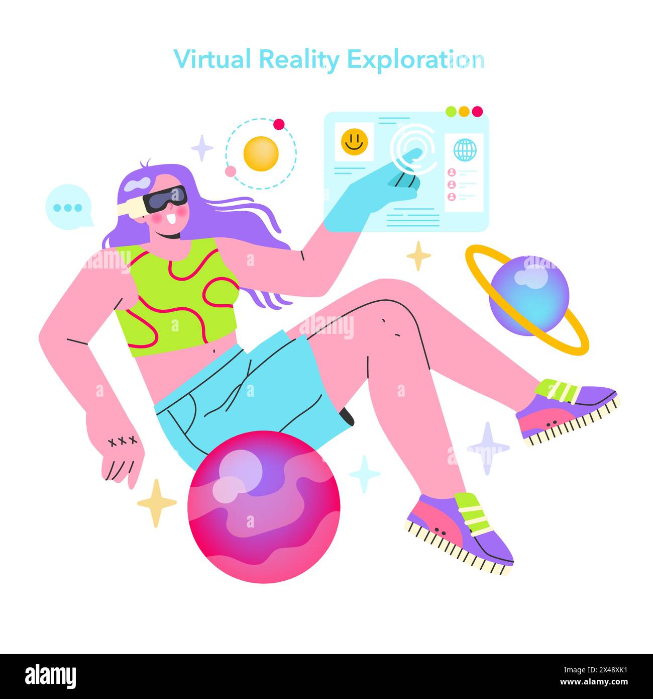 Concetto di nativi digitali. Giovane personaggio che vive mondi di realtà virtuale e interagisce con un'interfaccia futuristica. Illustrazione vettoriale. Illustrazione Vettoriale