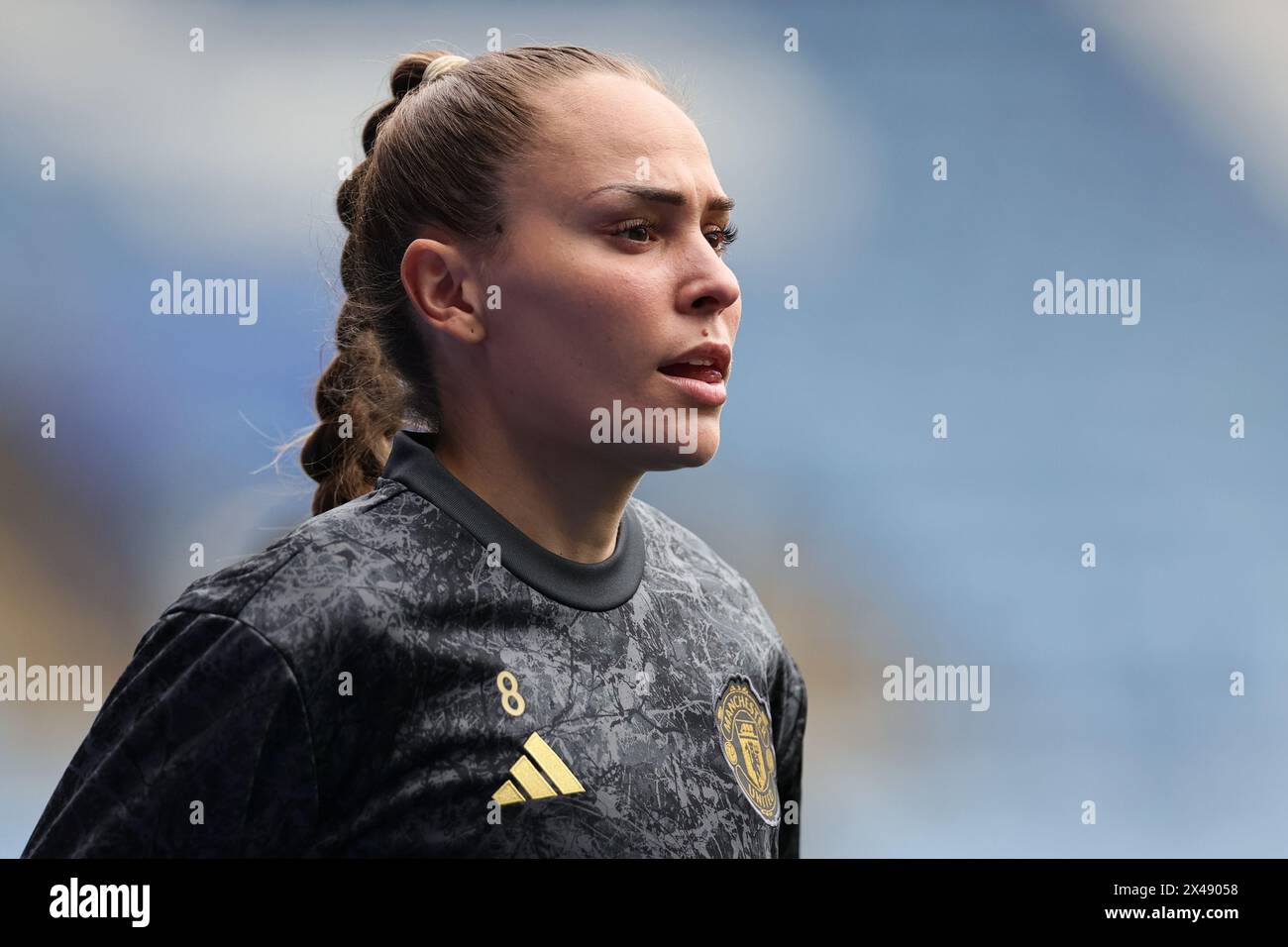 Irene Guerrero del Manchester United si scalda davanti al Barclays WomenÕs Super League match tra Leicester City e Manchester United. Foto Stock