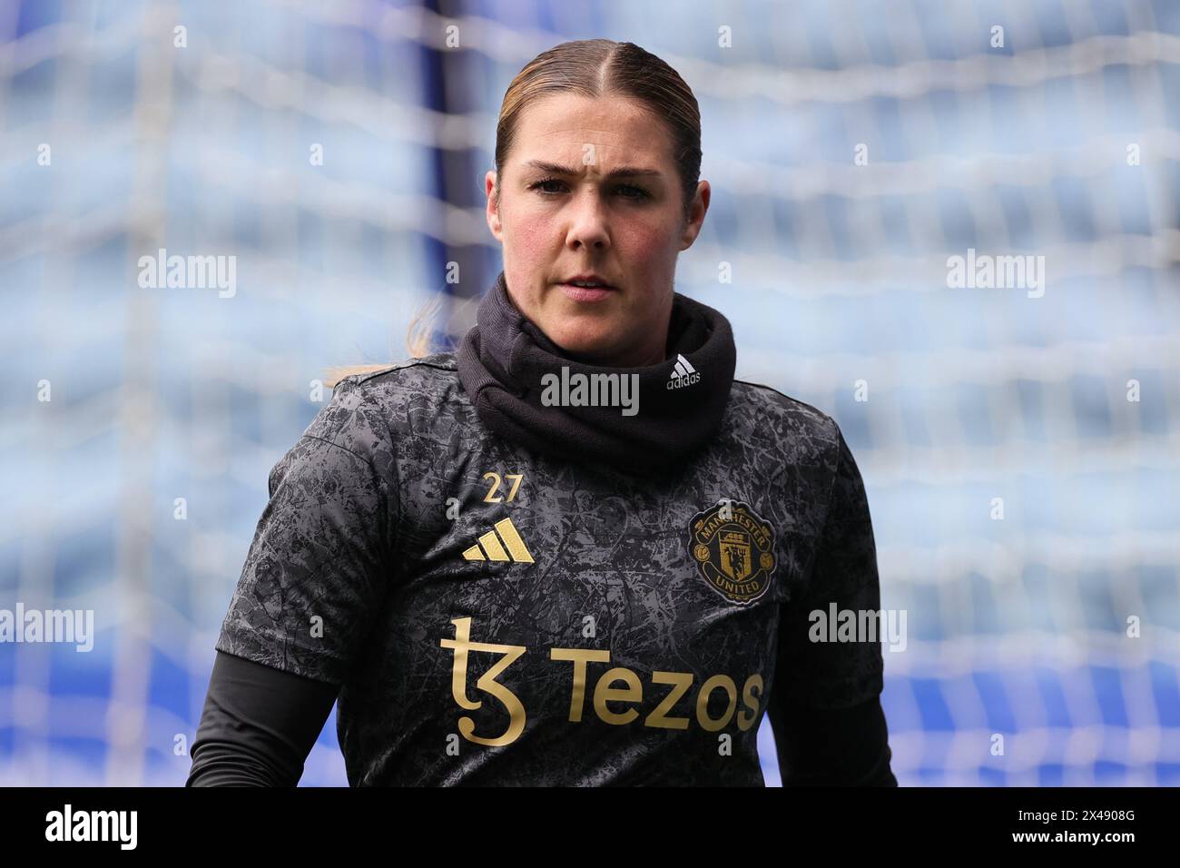 Mary Earps del Manchester United si scalda davanti alla partita di Super League femminile del Barclays tra Leicester City e Manchester United. Foto Stock