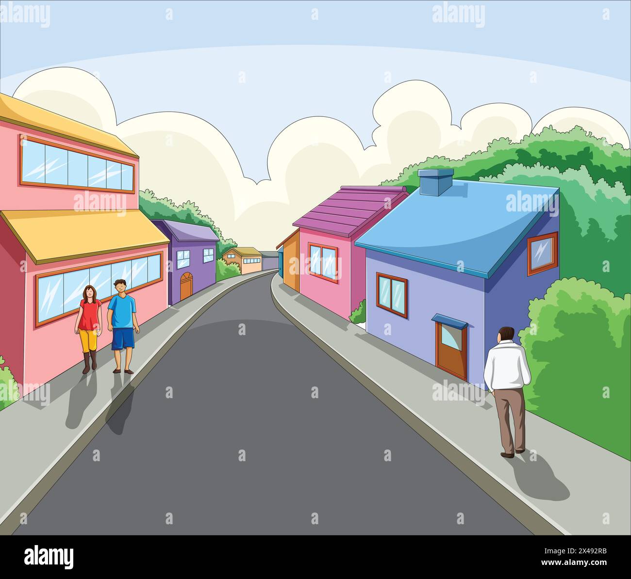 Illustrazione vettoriale che mostra le case in una località e le persone in giro Illustrazione Vettoriale