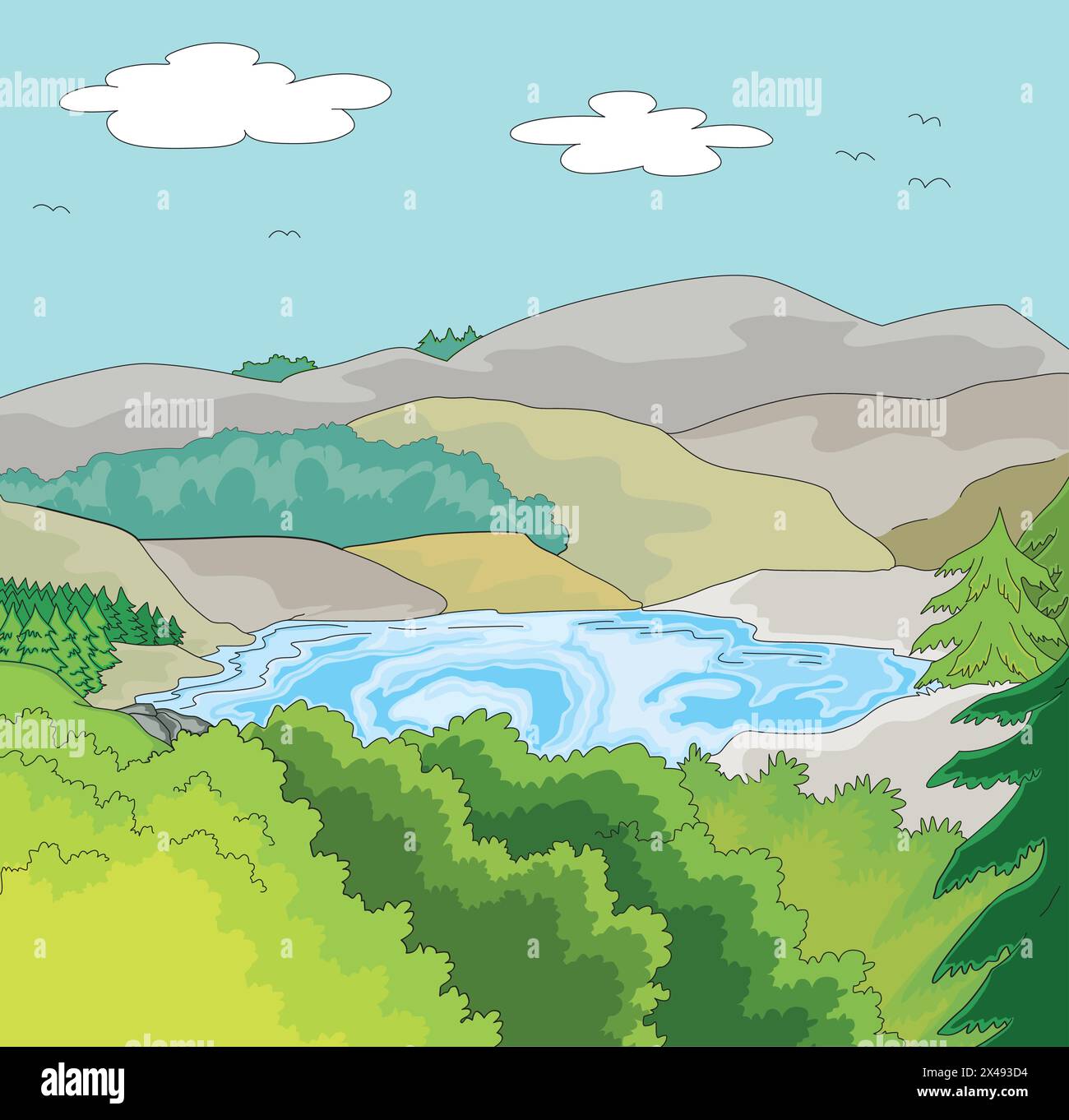 Illustrazione vettoriale che mostra fiume, montagna, alberi Illustrazione Vettoriale