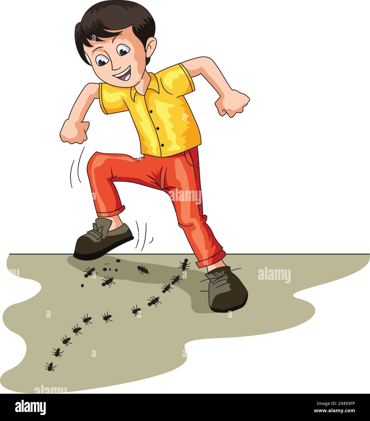 Un ragazzino cattivo che mette le scarpe sulle formiche Illustrazione Vettoriale