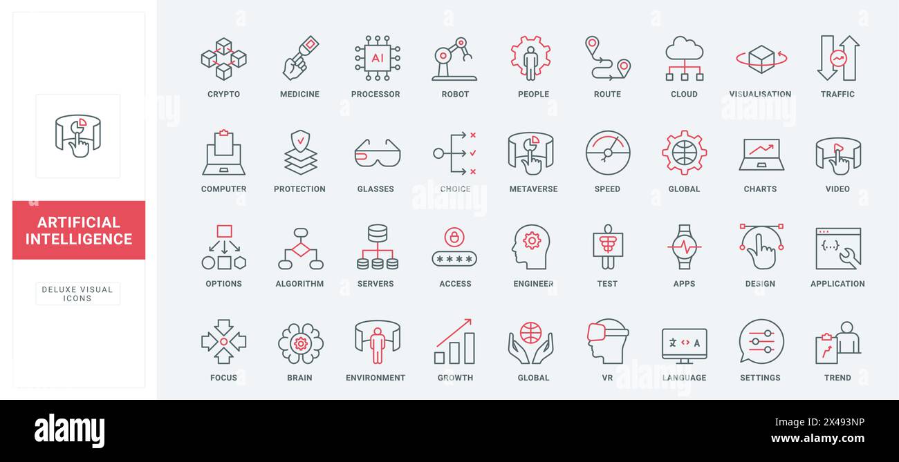 Set di icone AI, linguaggio digitale del cervello e delle impostazioni. Tecnologia crittografica e protezione dei dati, robot e attenzione alle tendenze, design grafico, simboli sottili di contorno nero e rosso illustrazione vettoriale Illustrazione Vettoriale