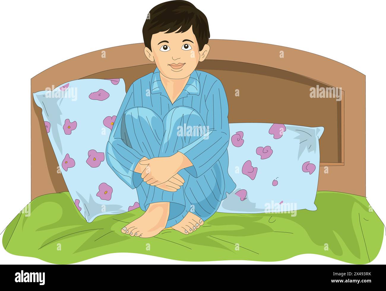 Ragazzo carino che indossa un costume da notte e si siede sul letto Illustrazione Vettoriale
