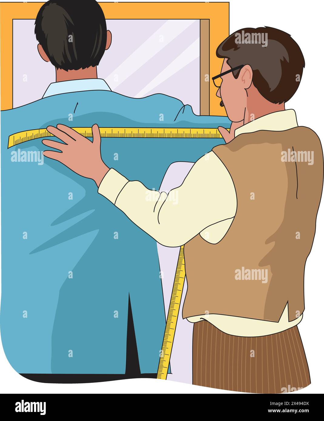 Un sarto che prende le misure del corpo di un uomo usando un nastro adesivo Illustrazione Vettoriale