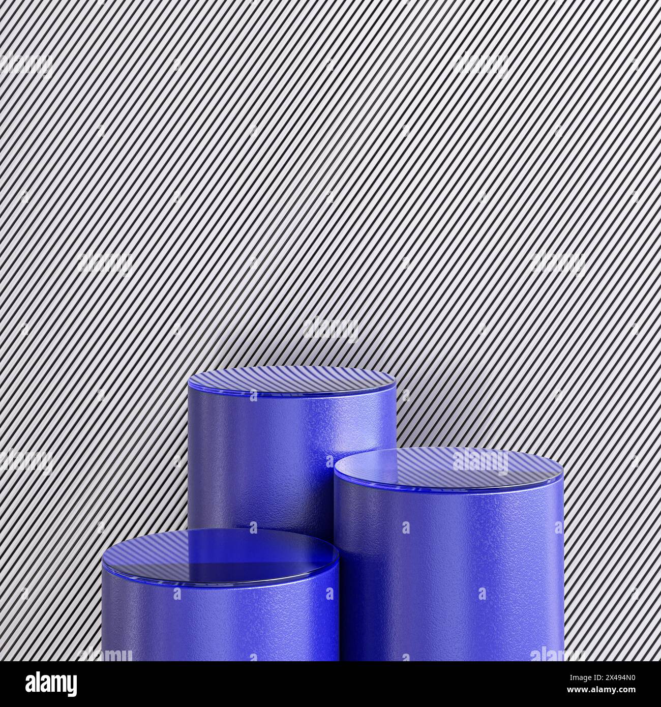 Cilindri 3d blu su rendering di sfondo a strisce Foto Stock