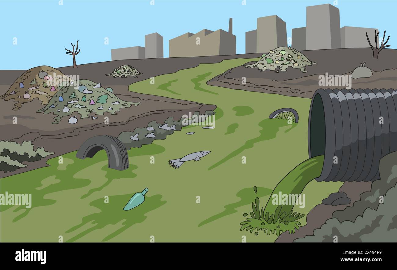 Cause di inquinamento, quali l'emissione di sostanze chimiche nocive e lo scarico dei rifiuti Illustrazione Vettoriale