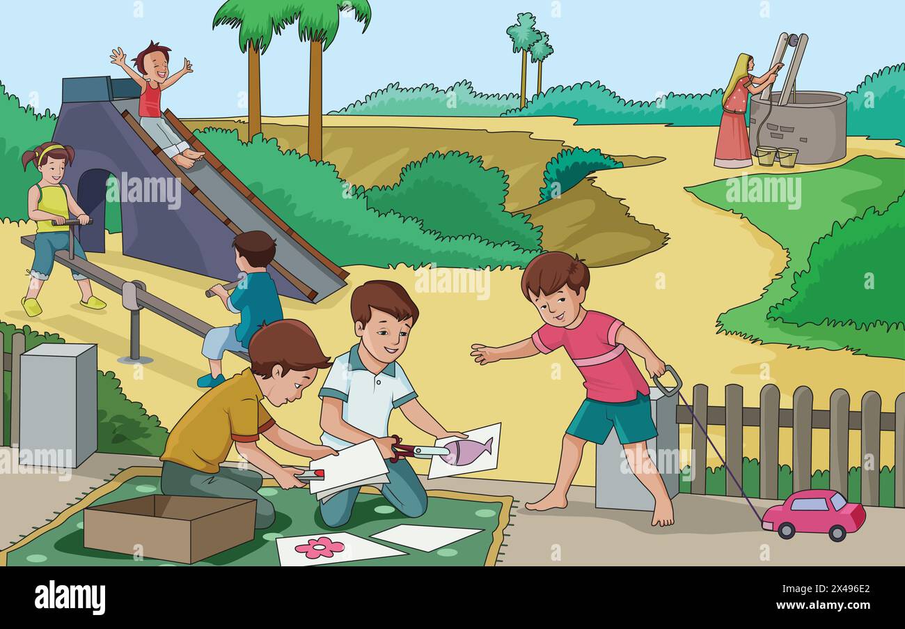 Scena del villaggio, bambini che giocano e fanno colorazione e donna che recupera l'acqua dal pozzo Illustrazione Vettoriale