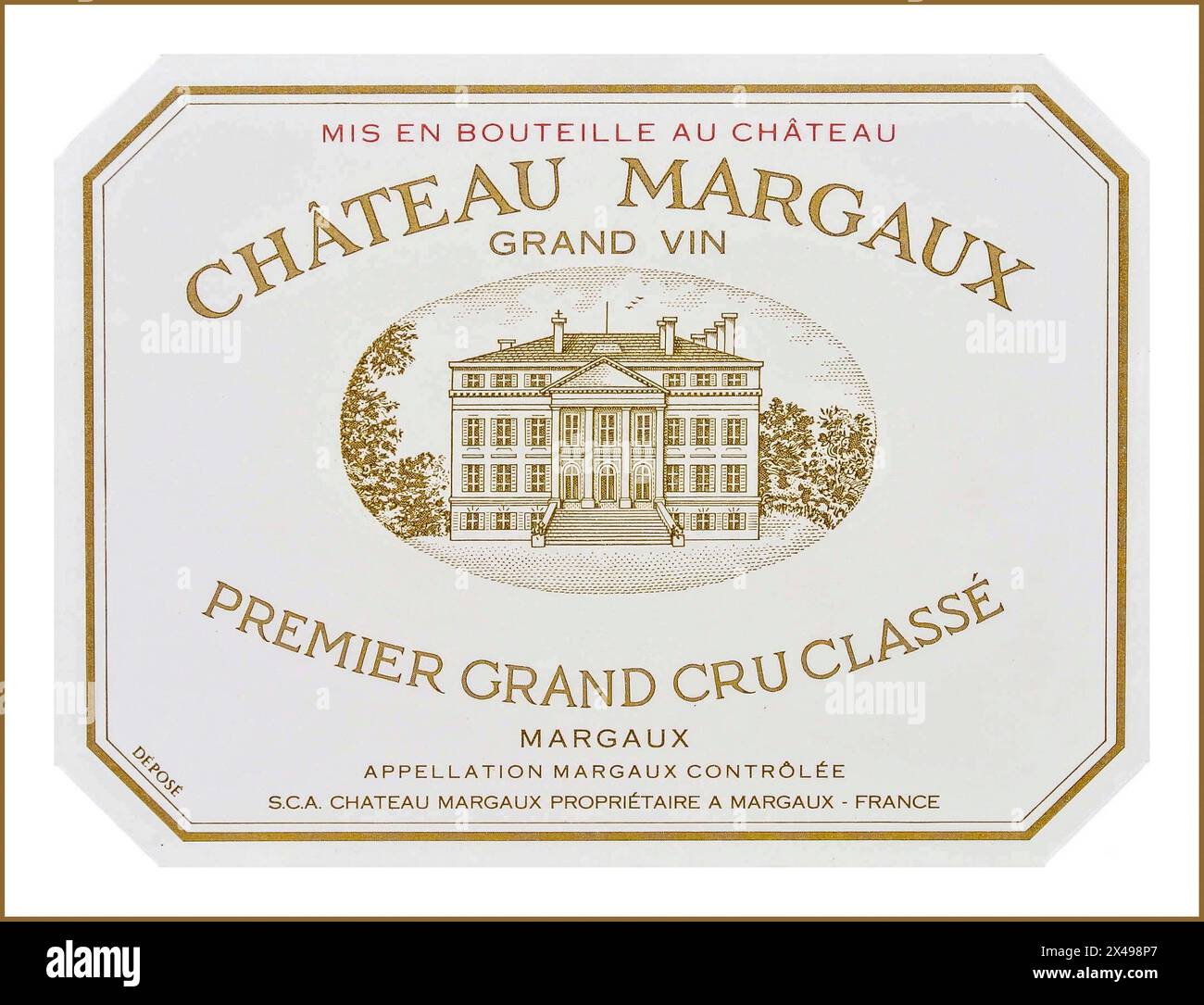 Etichetta della bottiglia di vino MARGAUX Chateau Margaux Premier Grand cru classe Red Merlot denominazione Margaux controlee Gironde Bordeaux Francia Luxury fine Left Bank Bordeaux Wine Foto Stock