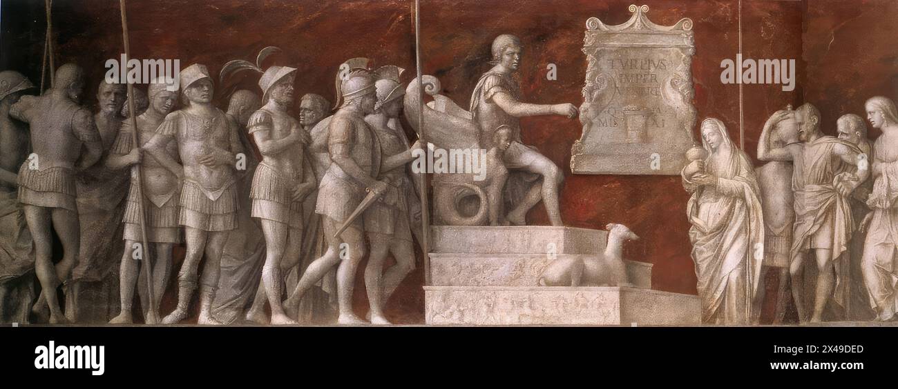 BELLINI, Giovanni (nato CA. 1426, Venezia, d. 1516, Venezia) continuazione di Scipione (dettaglio) 1507-08 olio su tela, 74,8 x 35,6 cm (pittura completa) Galleria Nazionale d'Arte, Washington l'immagine mostra la parte sinistra del dipinto. La Continenza di Scipione fu l'ultimo punto d'incontro operativo di Andrea Mantegna e Giovanni Bellini, che a quel tempo non erano solo vecchi ma esponenti di stili figurativi completamente diversi. Infatti, il fregio di Bellini rappresenta la continuazione di quello di Mantegna, che dipinse Scipione ricevendo l'immagine di Cibele. La tela di Mantegna, che ora è a t Foto Stock