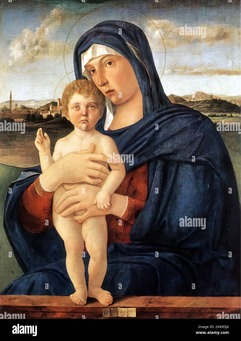 BELLINI, Giovanni (c.a. 1426, Venezia, d. 1516, Venezia) Madonna con Benedizione bambino 1475-80 olio su tavola, 78 x 56 cm gallerie dell'Accademia, Venezia il dipinto è uno dei capolavori di Bellini eseguiti tra il 1475 e il 80. L'interesse dell'artista per il paesaggio, sviluppato completamente negli anni '1490, si manifesta già. Il dipinto è firmato come 'IOANNES BELLINVS'. --- parole chiave: --------------- Autore: BELLINI, Giovanni titolo: Madonna con benedizione bambino Time-line: 1451-1500 Scuola: Italian form: Painting Type: Religious Foto Stock