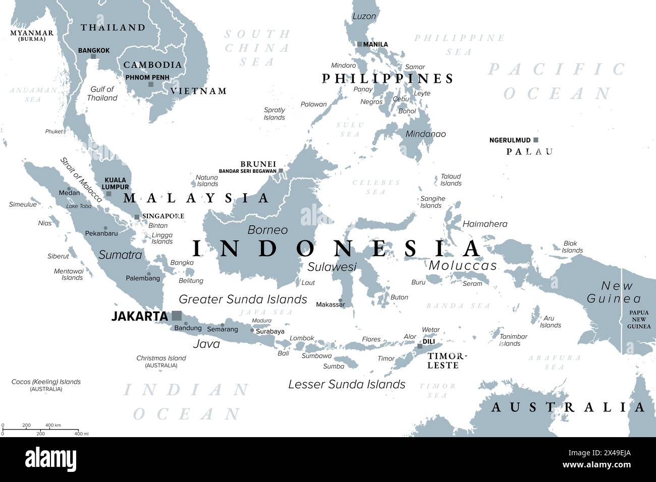 Indonesia, un paese nel sud-est asiatico e Oceania, mappa politica grigia. Repubblica e arcipelago con capitale Jakarta. Foto Stock