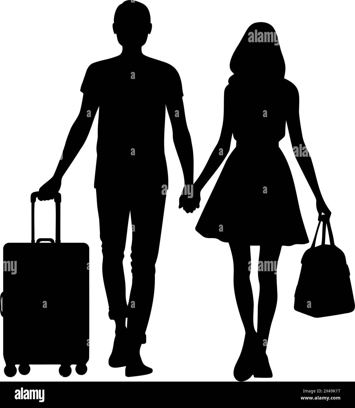 Sagoma di una coppia che si tiene per mano e cammina con la valigia da viaggio. Illustrazione vettoriale Illustrazione Vettoriale