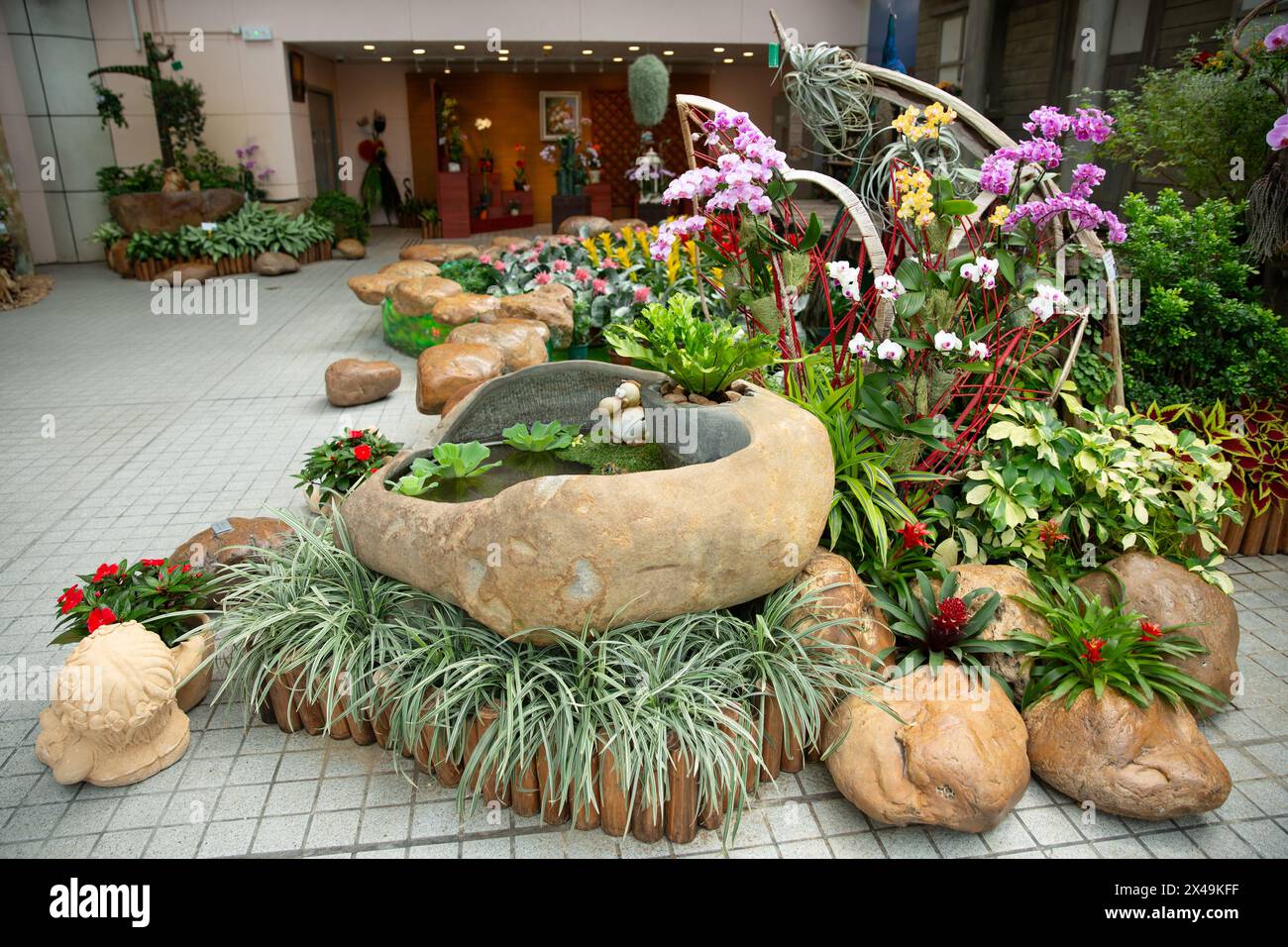 Una vista interna della display Plant House all'interno del Forsgate Conservatory nel Parco di Hong Kong. Foto Stock