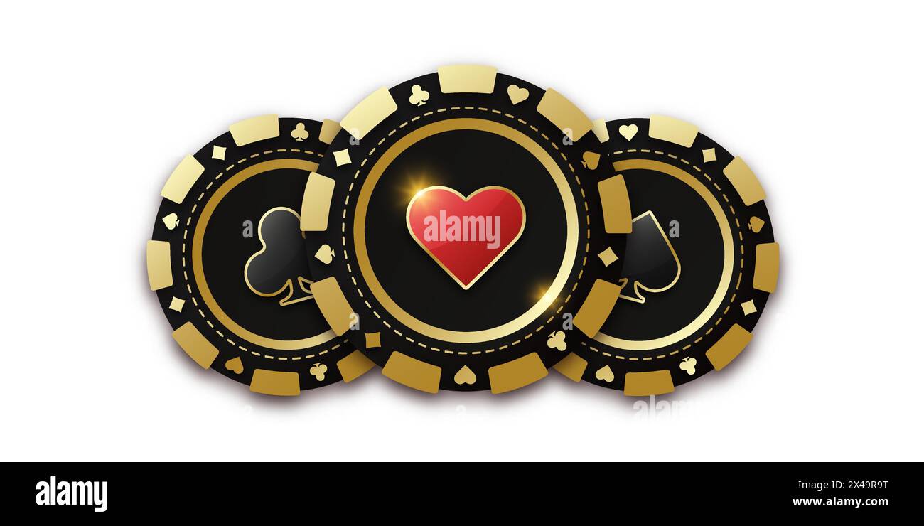 Moneta da gioco con cuori completi. Trio di chip o gettone da gioco. Chip da gioco realistico con la tuta di cuori al centro, gettoni da gioco. Banner Illustrazione Vettoriale