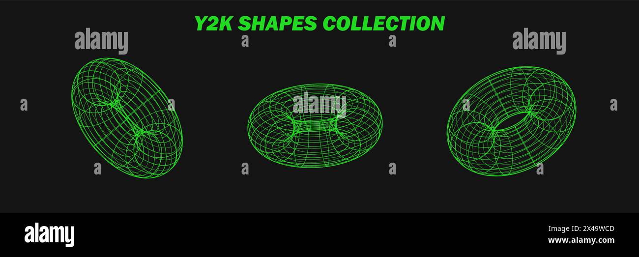 Wireframe astratti, elementi cyberpunk e griglie verdi prospettiche su sfere. Forme y2k psichedeliche. Elementi vettoriali rave o psichedelici alla moda Illustrazione Vettoriale