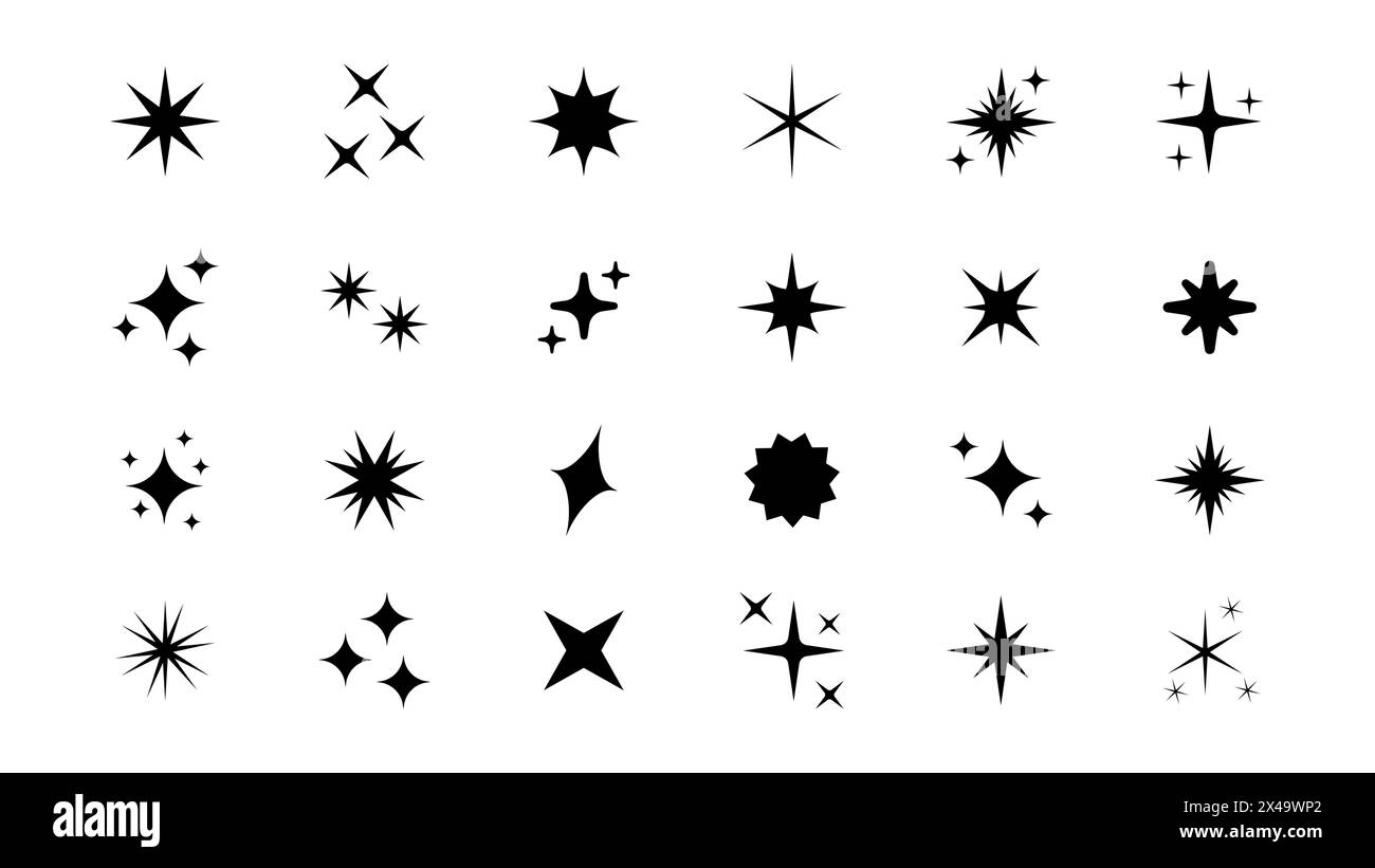 Set di forme originali a stella scintillante. Segno vettoriale effetto lucentezza astratto. Collezione rétro futuristica di icone vettoriali luminose. Effetto luce brillante, scintillante Illustrazione Vettoriale