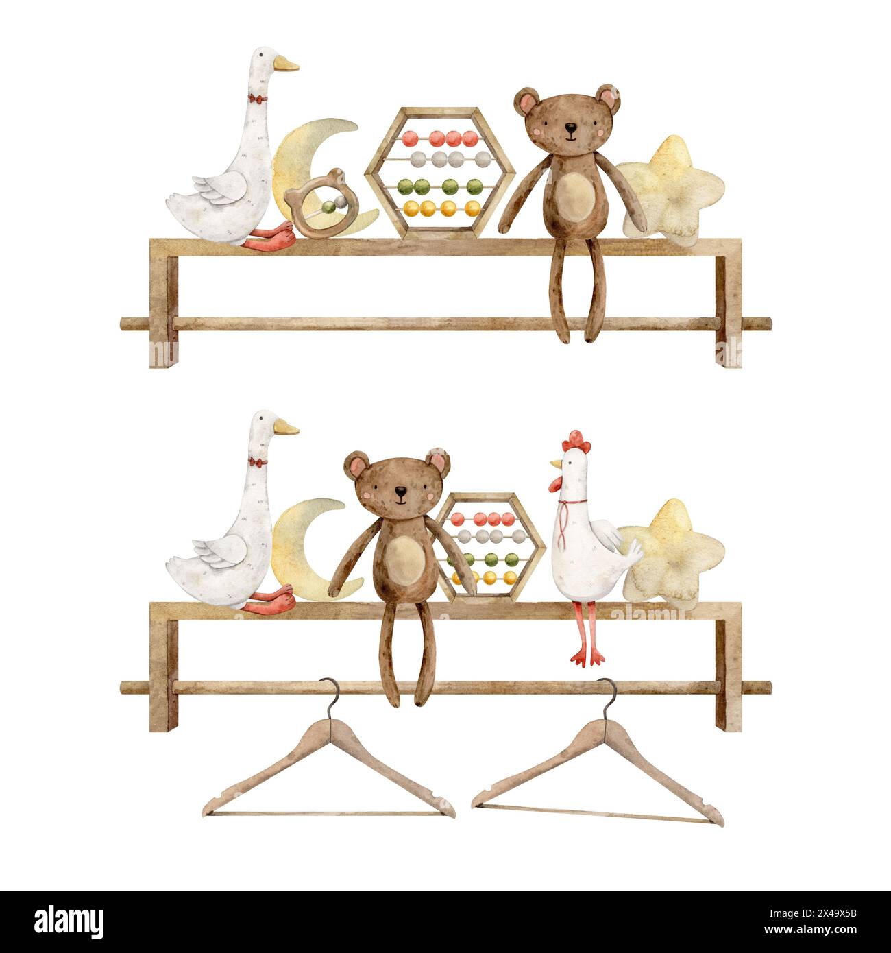 Set di scaffali per bambini ad acquerello con vari giocattoli, orsacchiotto, oca e gallo, sonaglino e abaco. Illustrazione isolata disegnata a mano per bambini Foto Stock