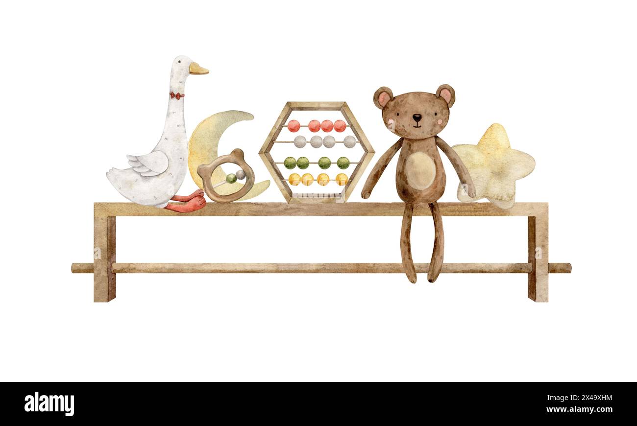 Scaffale acquerello con vari giocattoli per bambini, orsacchiotto e oca, stelle, sonaglino e abaco. Illustrazione isolata disegnata a mano per interi per bambini Foto Stock