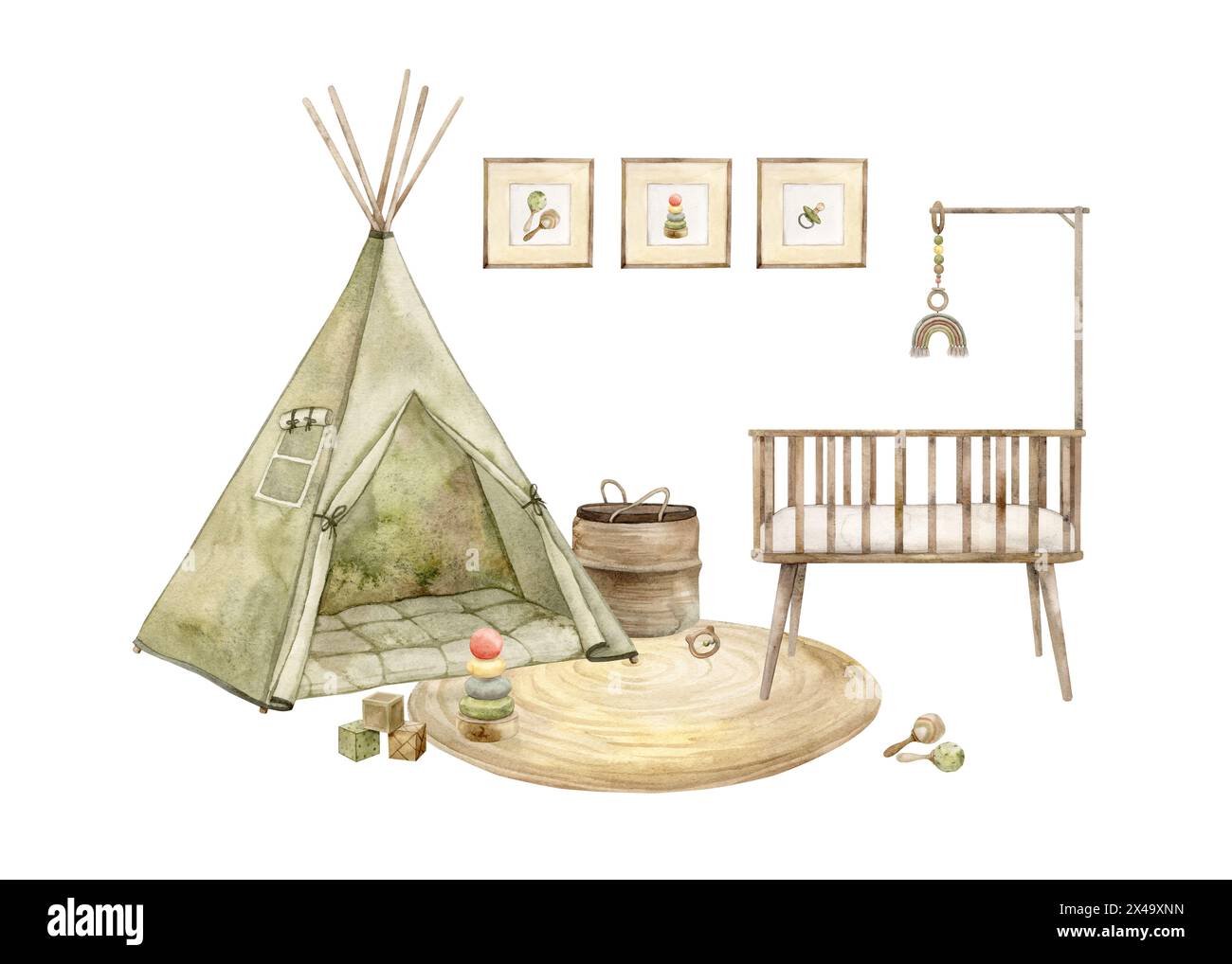 Composizione interna di una stanza per bambini con un wigwam, una culla di legno, un tappeto e vari giocattoli. Illustrazione isolata ad acquerello per interni per bambini Foto Stock
