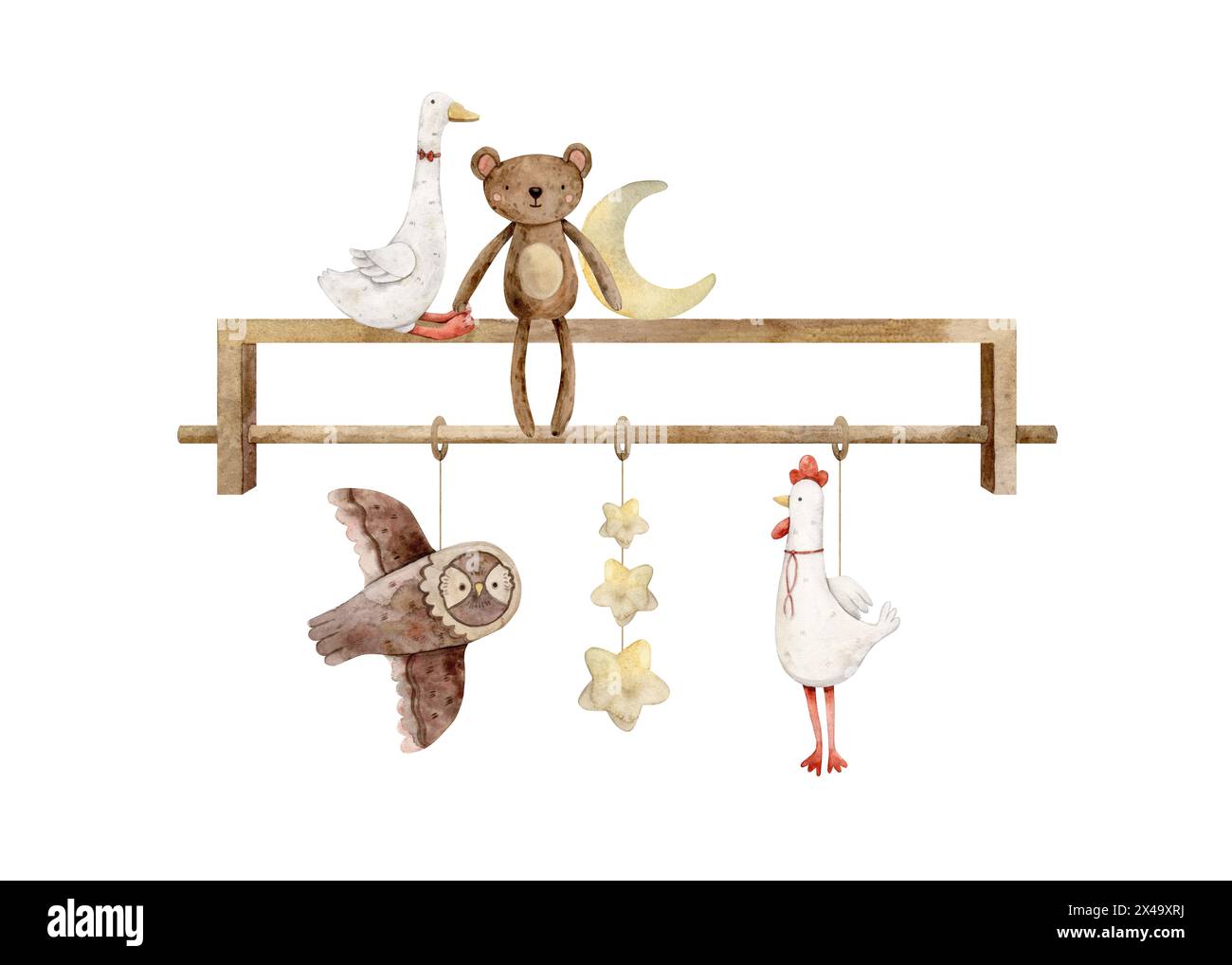 Scaffale per bambini con giocattoli per il bambino, un mese e stelle, un orso, un'oca, un gallo e un gufo. Illustrazione isolata ad acquerello disegnata a mano per chi Foto Stock