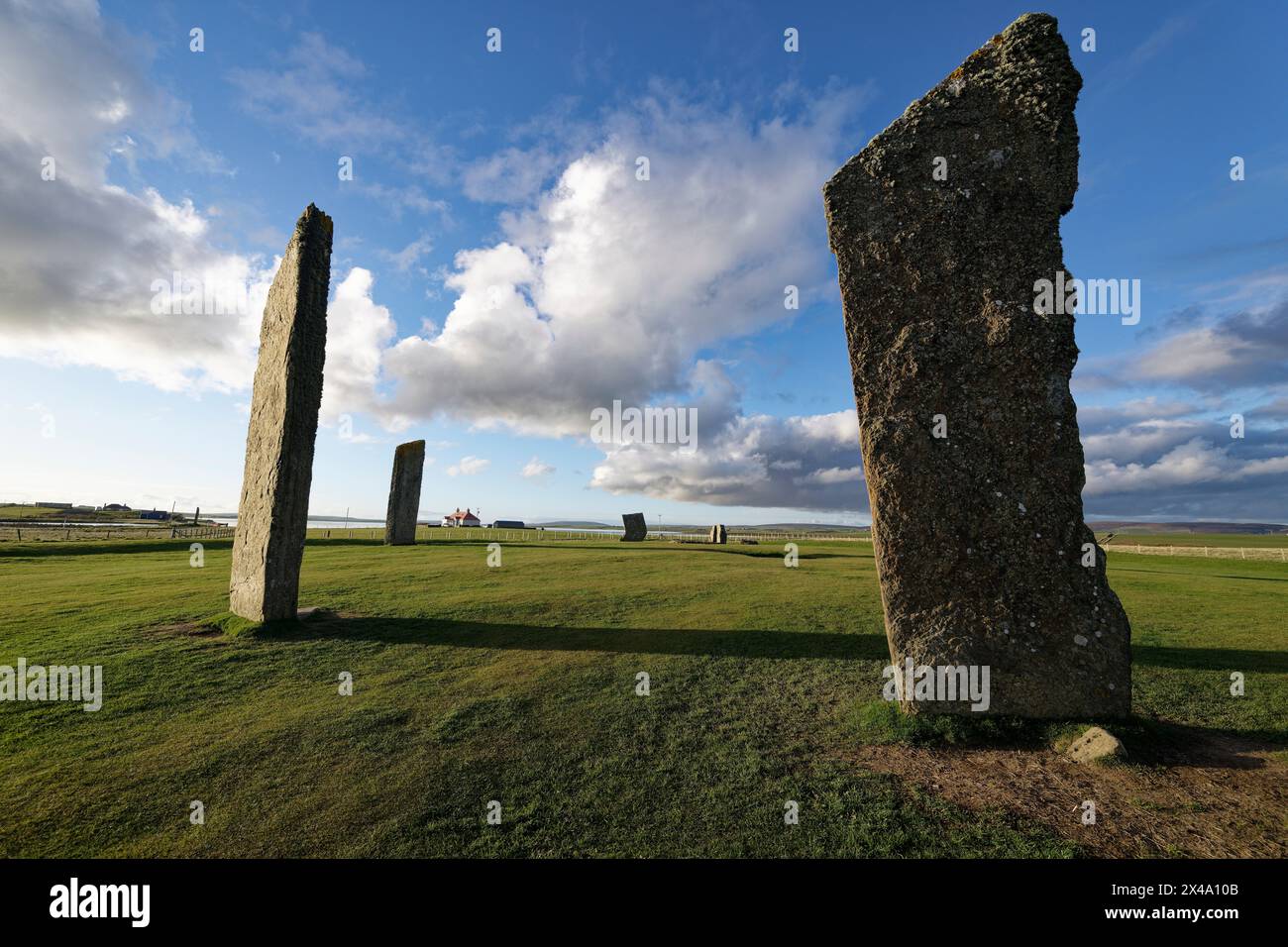 Le quattro pietre rimanenti di Stennes a Ness di Brodgar vicino a Stromness rimangono uno dei monumenti antichi più impressionanti delle Orcadi Foto Stock