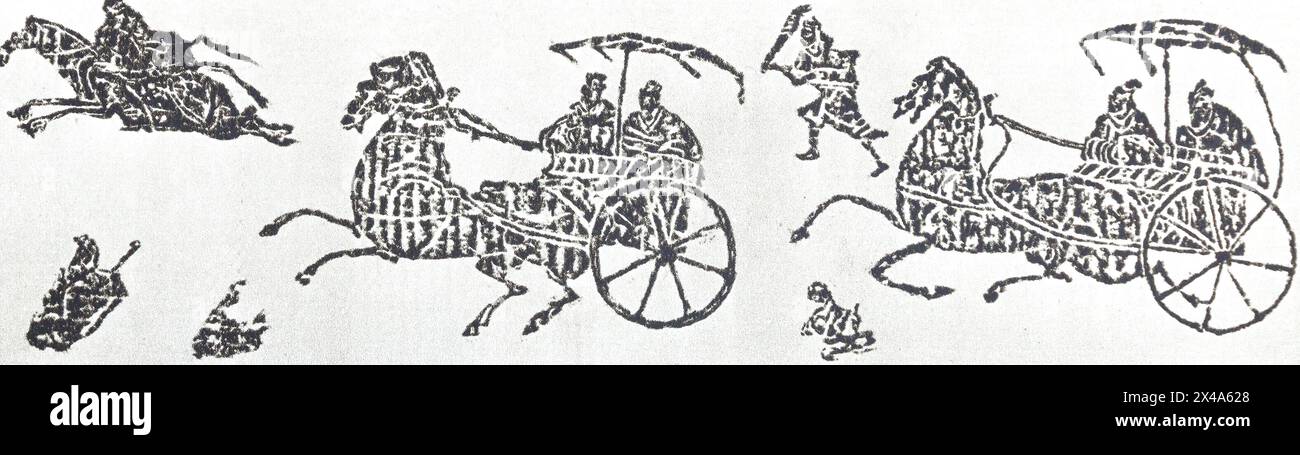 Partenza del funzionario, accompagnato da un accompagnatore a cavallo e a piedi. Rilievo sui mattoni delle tombe Han del i secolo a.C. - i secolo d.C. Foto Stock