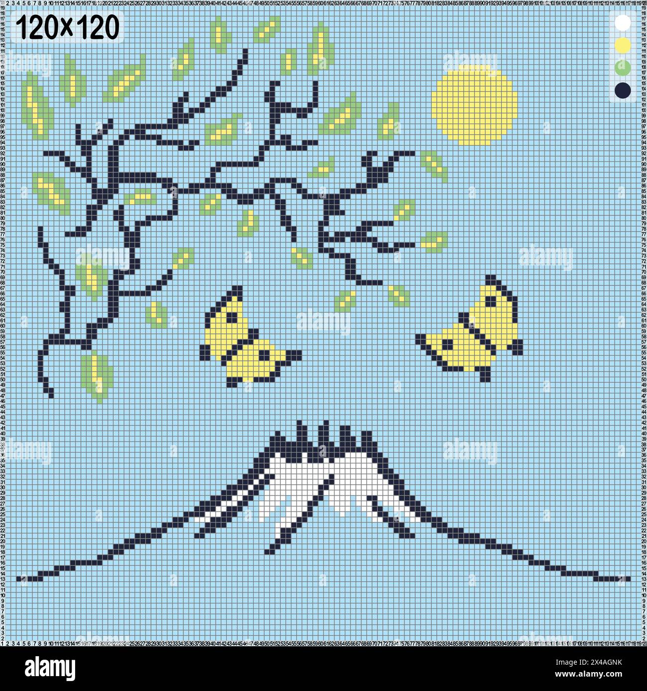 Motivo per cuciture incrociate o maglieria - paesaggio estivo con Fuji e ramo d'albero Illustrazione Vettoriale