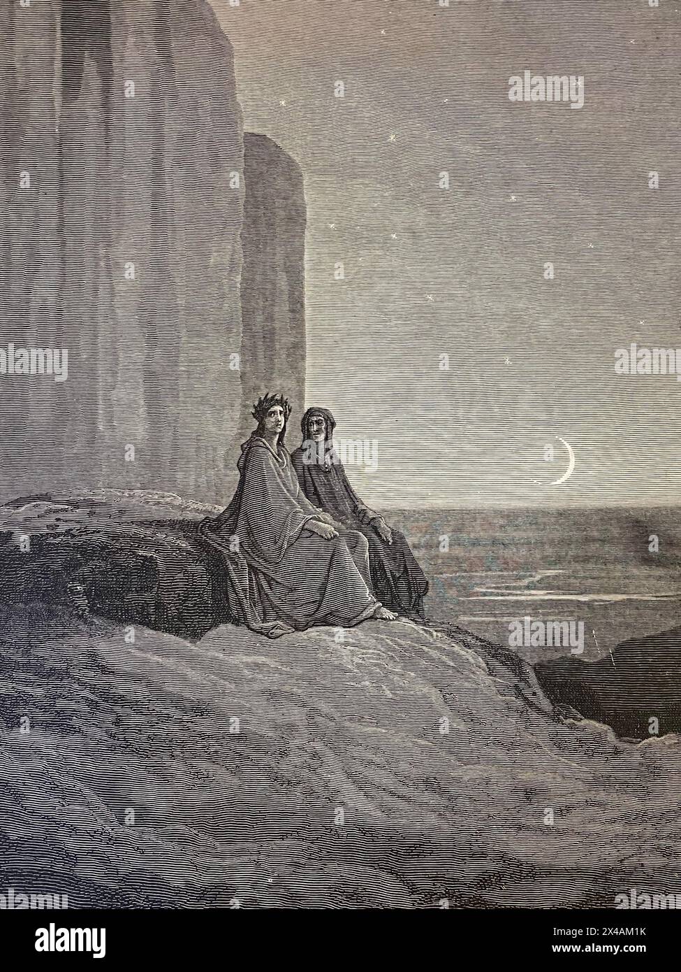 Foto di un'immagine della Divina Commedia, Purgatorio raffigurante Virgilio e Dante Alighieri nel loro viaggio attraverso il Purgatorio Foto Stock