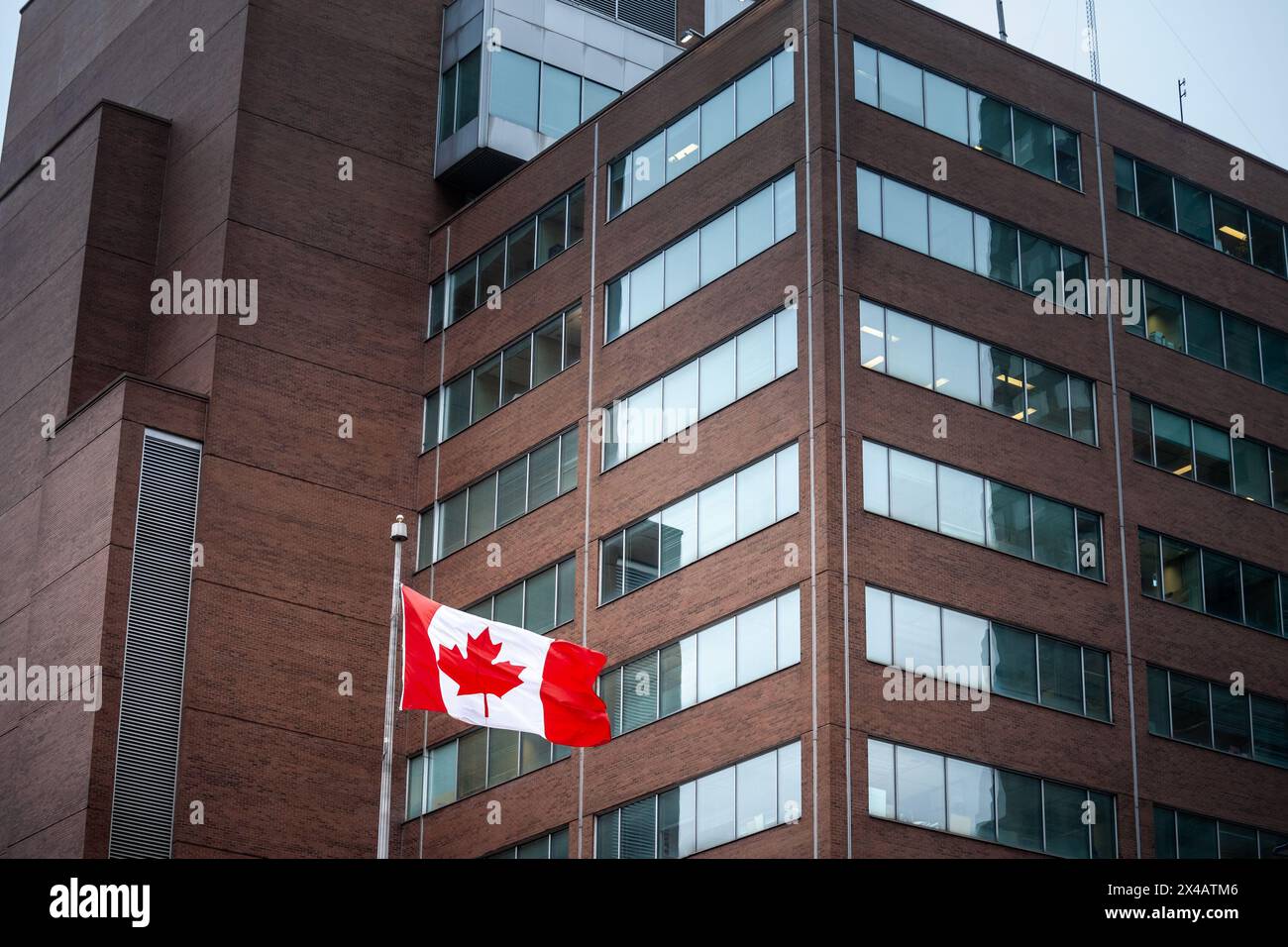 Questa immagine cattura l'essenza dinamica del Canada aziendale, mostrando l'iconico emblema in foglia d'acero che fluttua orgogliosamente su uno sfondo di modernità Foto Stock