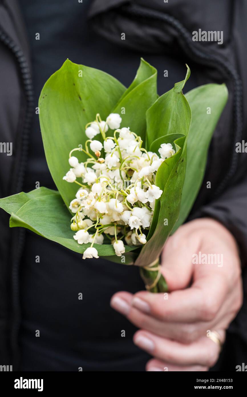 Lily della valle nelle mani di qualcuno. 1 maggio 2024 a Parigi manifestazione contro l'austerità, per posti di lavoro e salari. Francia, Patis il 1° maggio 2024. Fotografia di Patricia Huchot-Boissier / Agence DyF. Foto Stock
