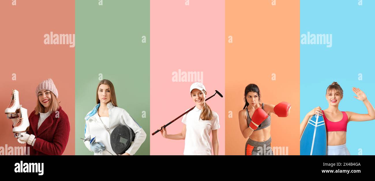 Set di molte donne sportive su sfondo colorato Foto Stock