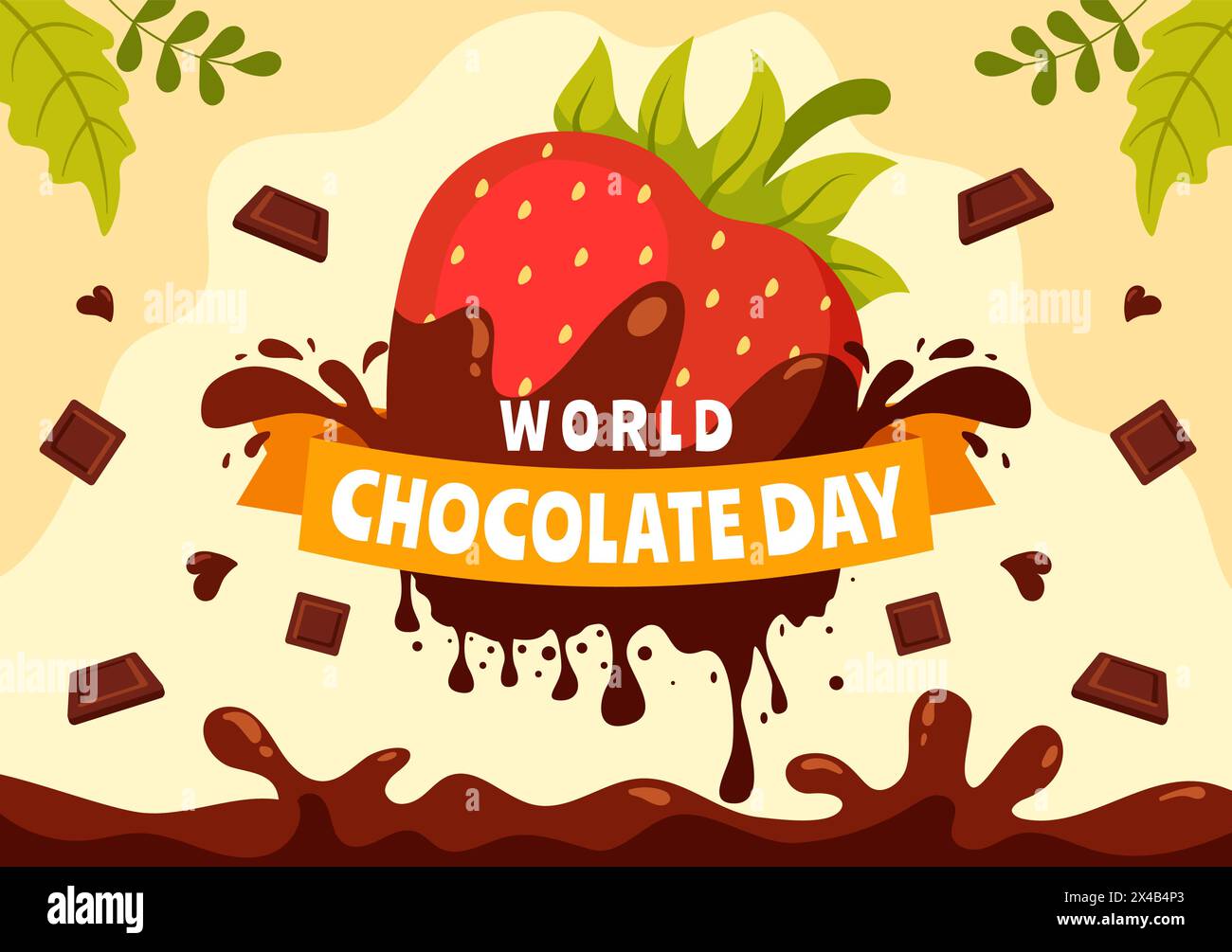 Celebrazione della giornata mondiale del cioccolato illustrazione vettoriale il 7 luglio con cioccolatini fusi e torta in Flat Cartoon background Design Illustrazione Vettoriale