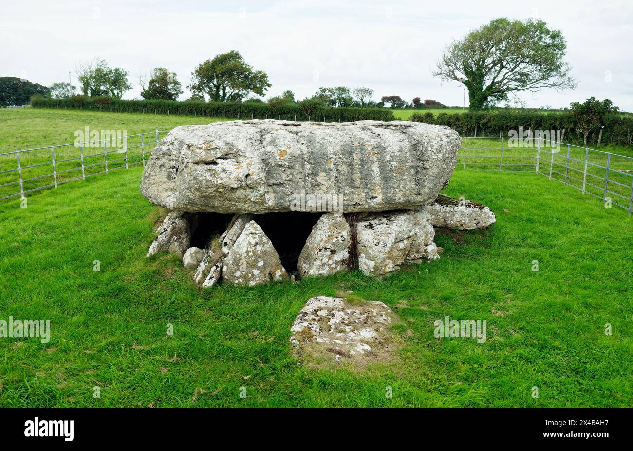 Camera di sepoltura megalitica preistorica di Lligwy. Anglesey, Galles. Tardo neolitico dal 2500 al 2000 a.C. Pietra calcarea circa 28 t. Resti di 15 a 30 persone Foto Stock