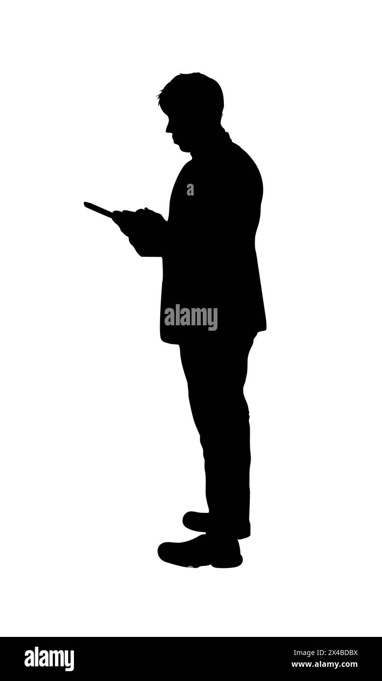 Sagoma di una persona in piedi che regge lo smartphone, il concetto utilizza una connessione intelligente mobile online, illustrazione vettoriale Illustrazione Vettoriale