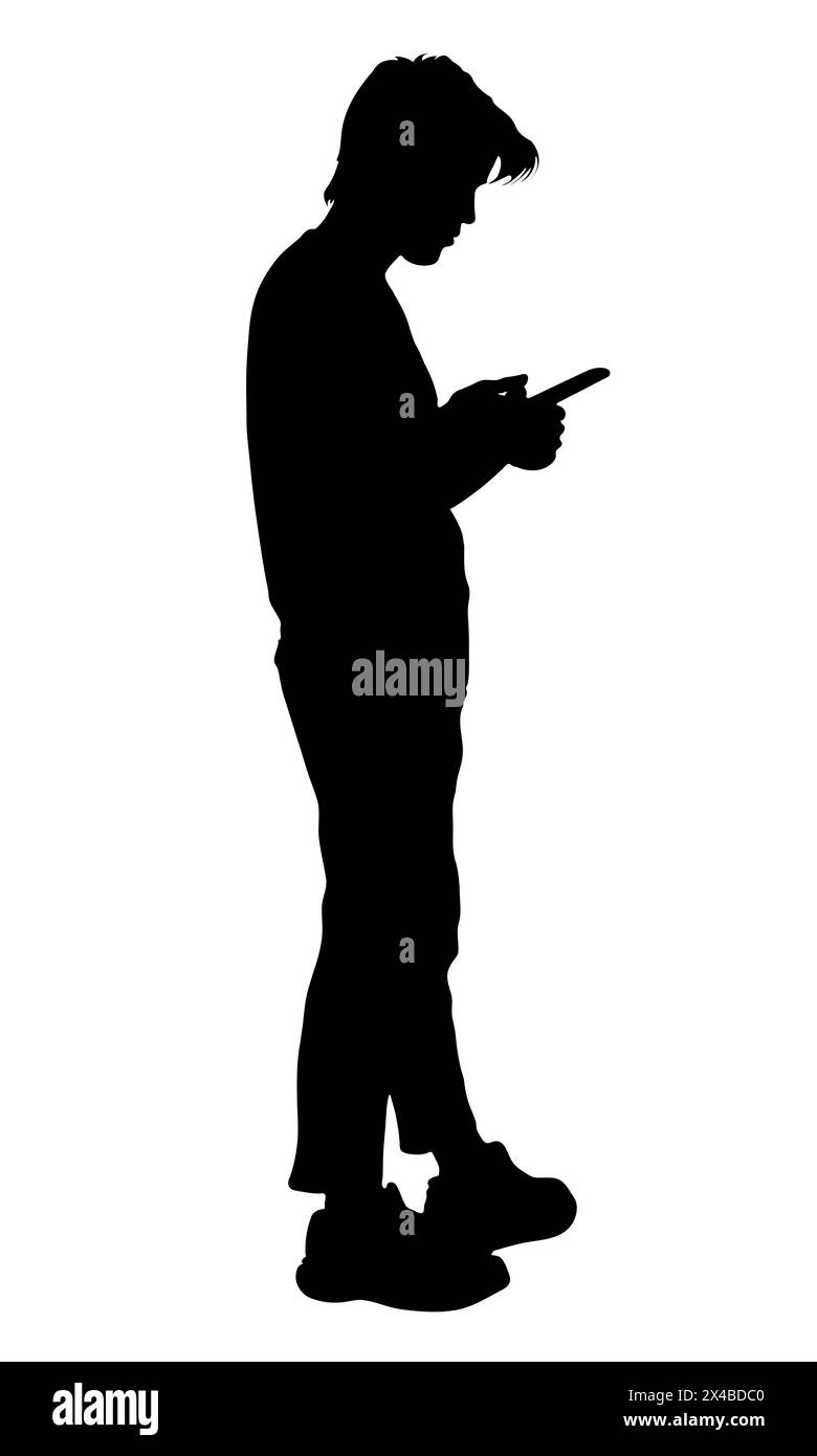 Sagoma di una persona in piedi che regge lo smartphone, il concetto utilizza una connessione intelligente mobile online, illustrazione vettoriale Illustrazione Vettoriale