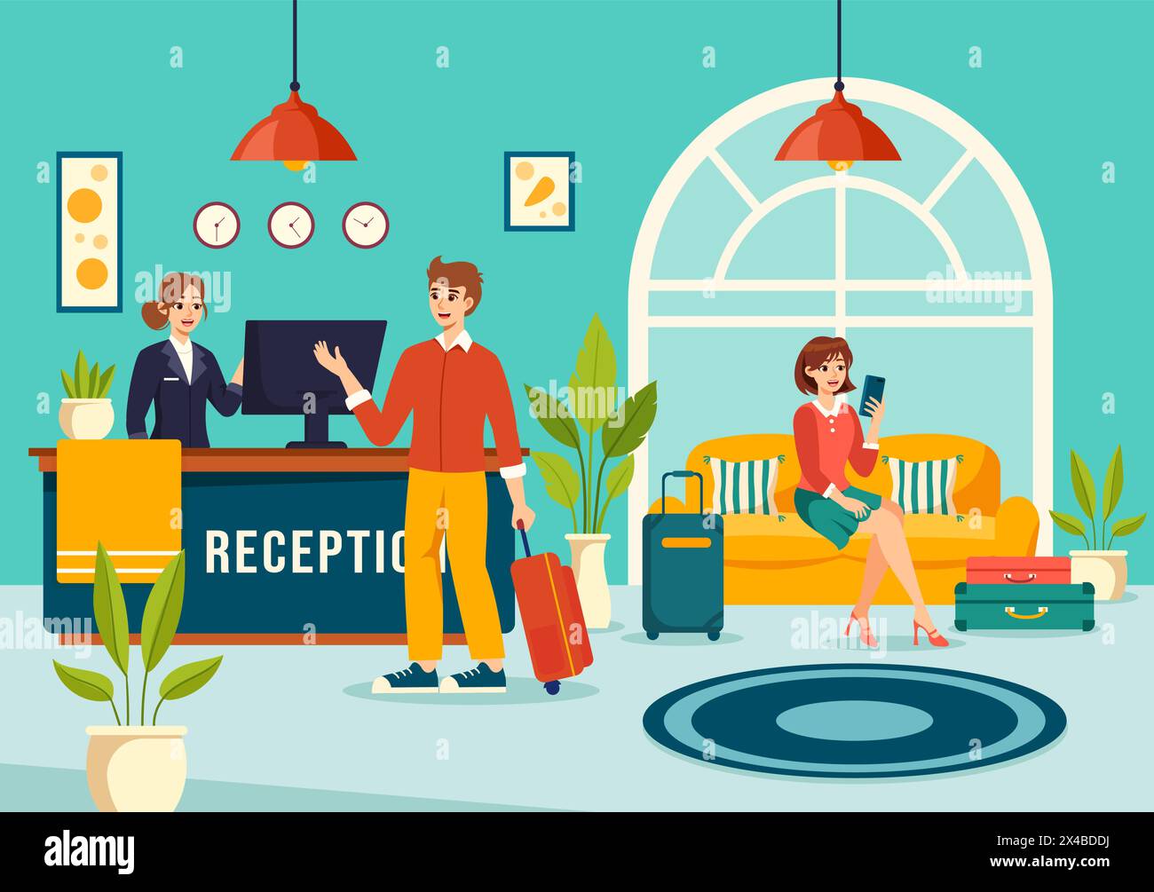Illustrazione del vettore interno della reception con personale addetto alla reception e viaggiatori per la prenotazione in Flat Cartoon background Illustrazione Vettoriale
