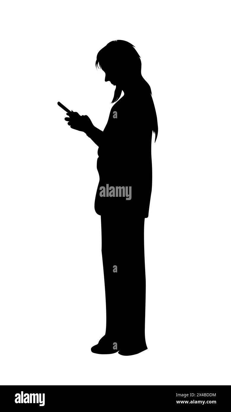Sagoma di una persona in piedi che regge lo smartphone, il concetto utilizza una connessione intelligente mobile online, illustrazione vettoriale Illustrazione Vettoriale