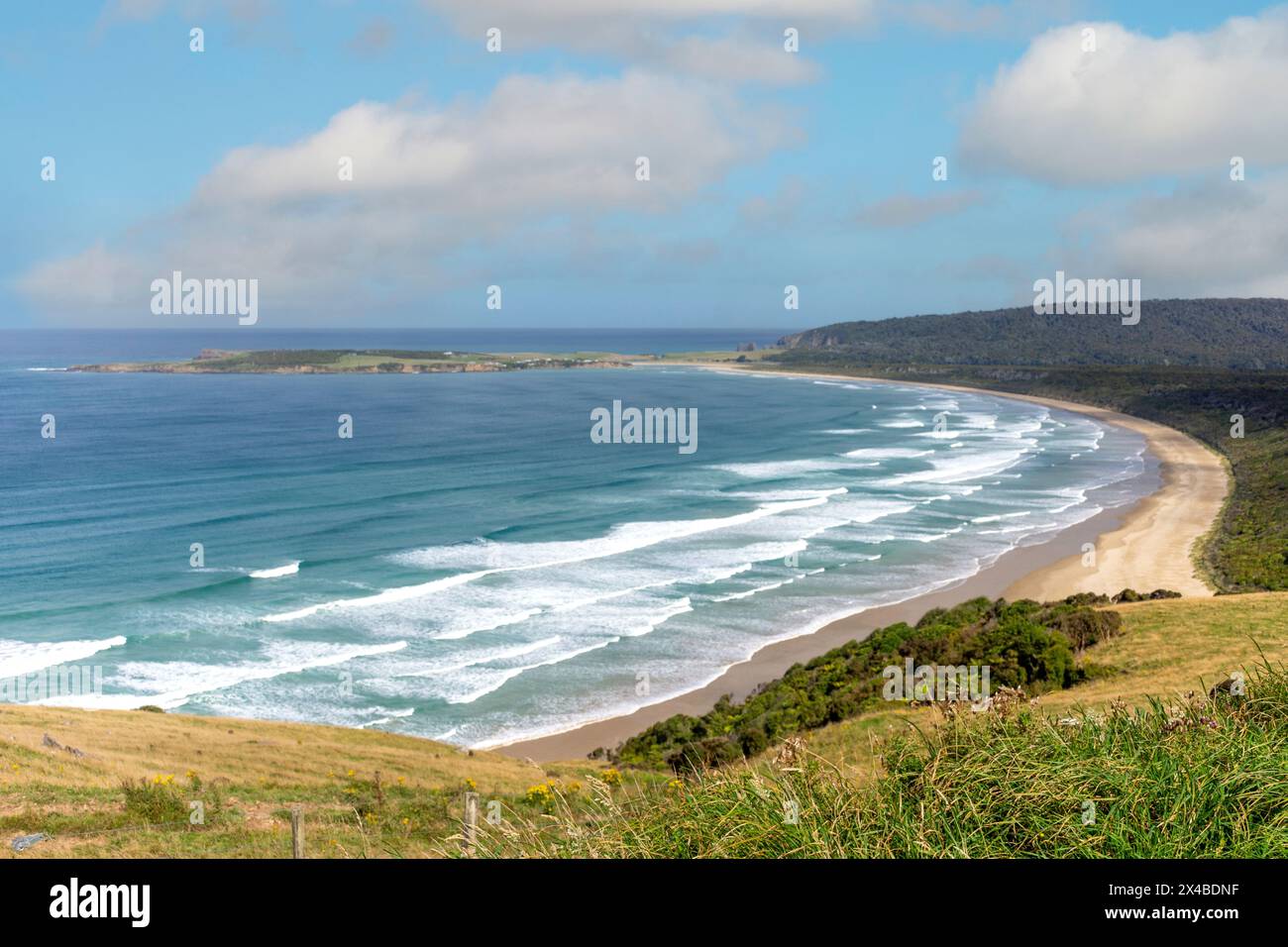 Spiaggia e baia di Tautuku da Florence Hill Lookout, Chaslands Highway, Catlins Coast, Otago, nuova Zelanda Foto Stock